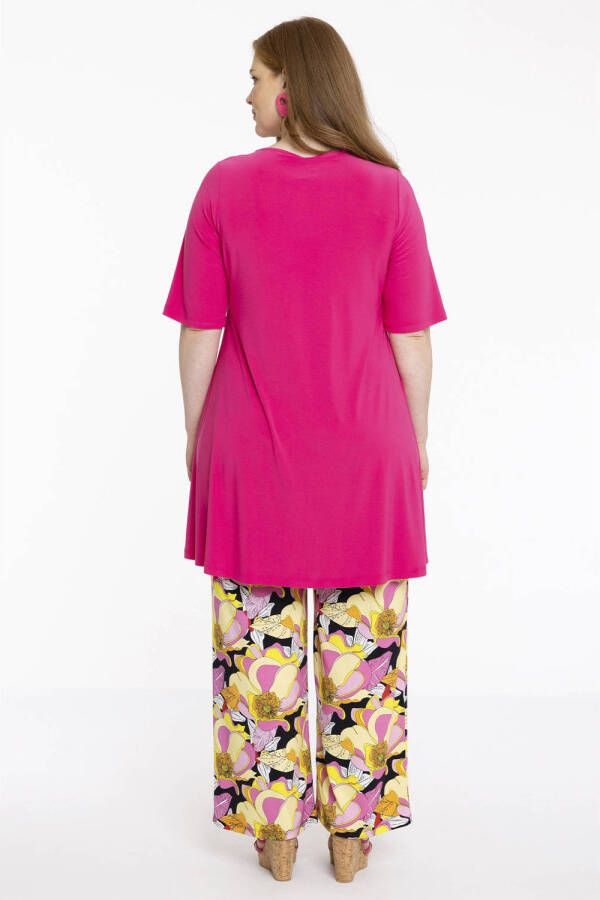 YOEK loose fit broek van travelstof met all over print lichtgeel zwart roze - Foto 2