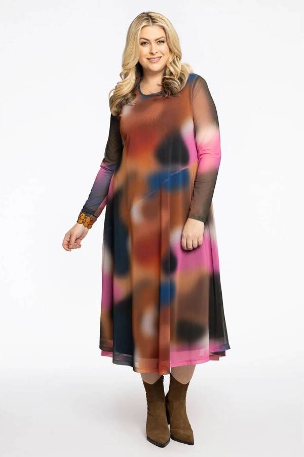Yoek mesh A-lijn jurk met all over print multi
