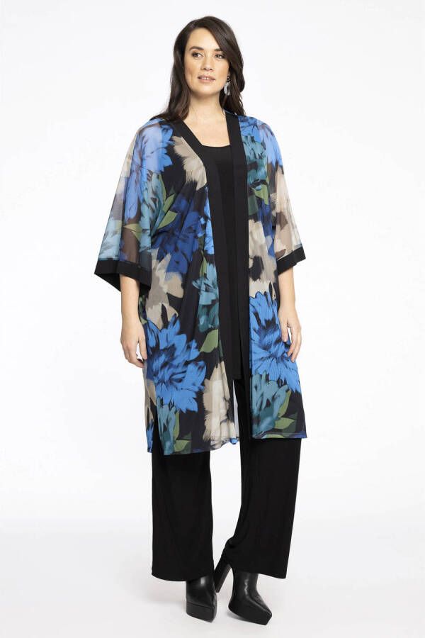 Yoek mesh kimono vest met all over print blauw zwart