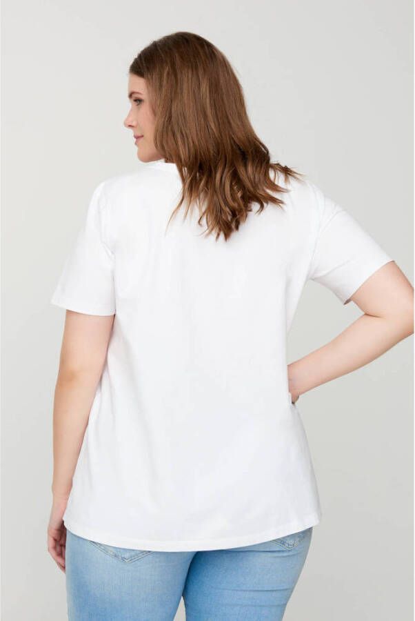 Zizzi T-shirt met V-hals en korte mouwen wit
