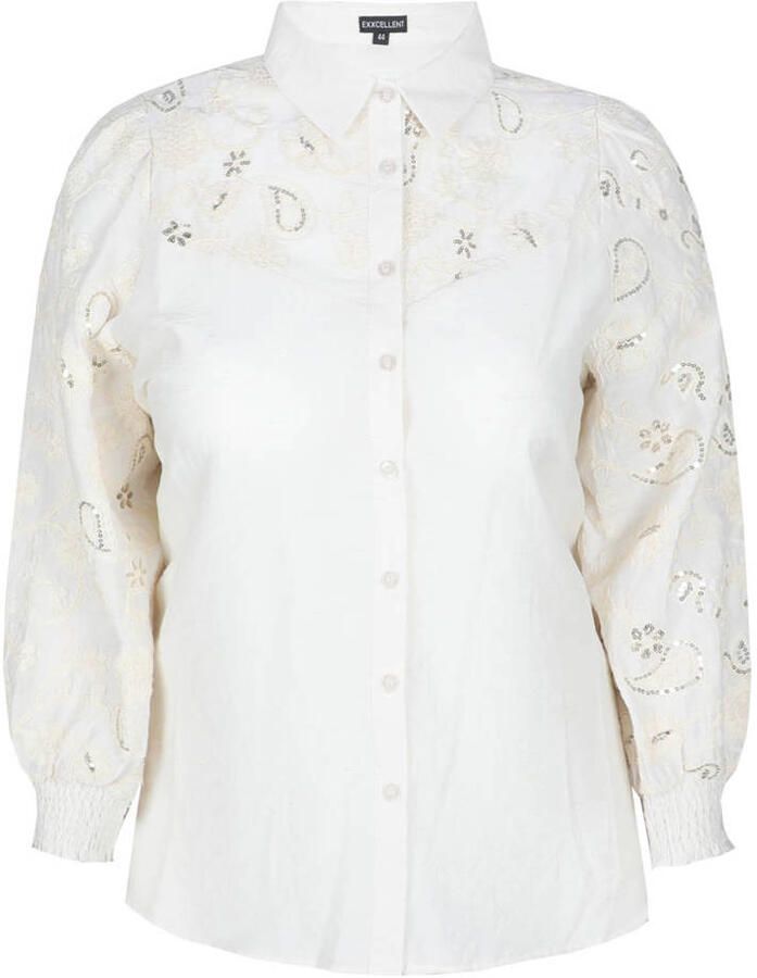 Exxcellent blouse Plus Size met pailletten en linnen wit