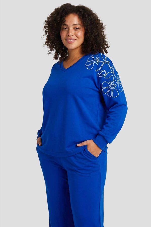 Exxcellent gebloemde sweater met borduursels Plus Size blauw