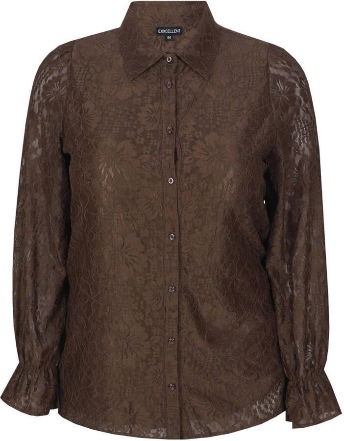 Exxcellent kanten gebloemde semi-transparante blouse met ruches Plus Size bruin