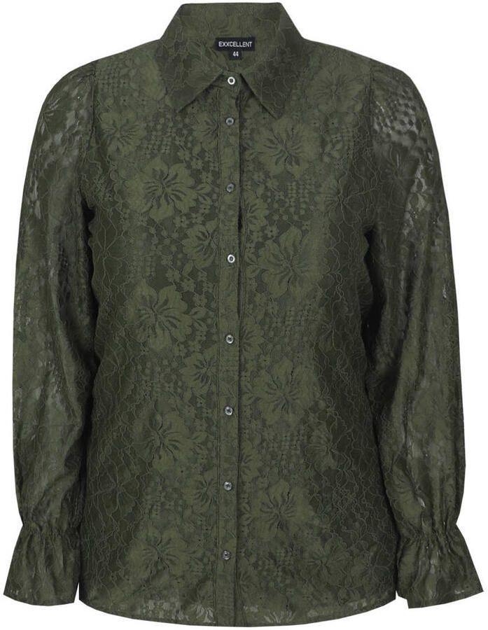 Exxcellent kanten gebloemde semi-transparante blouse met ruches Plus Size olijfgroen