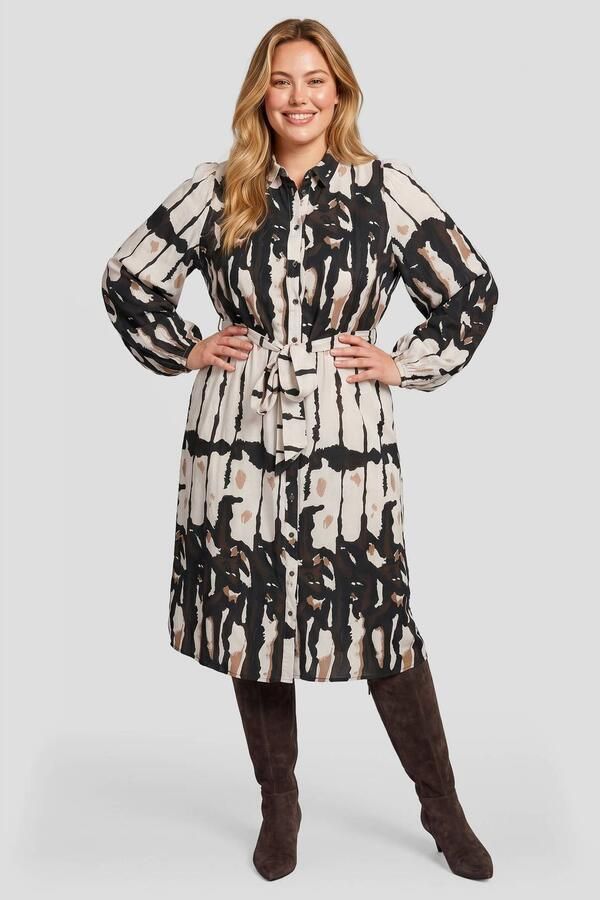 Exxcellent midi jurk Plus Size met ceintuur en print bruin