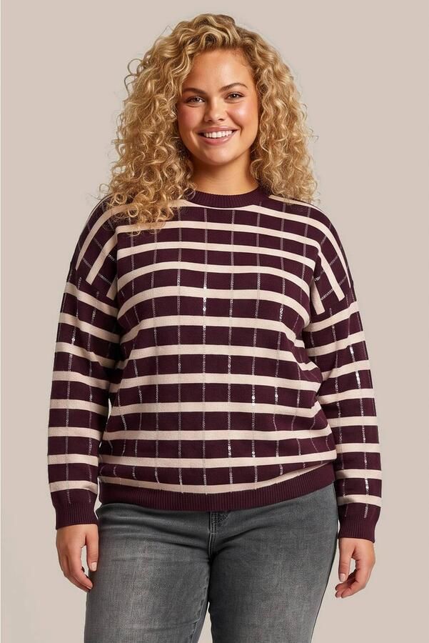 Exxcellent Plus Size gestreepte trui met pailletten donkerrood ecru