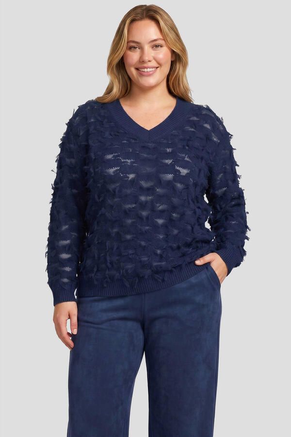 Exxcellent semi-transparante pullover met rafels en wol Plus Size donkerblauw