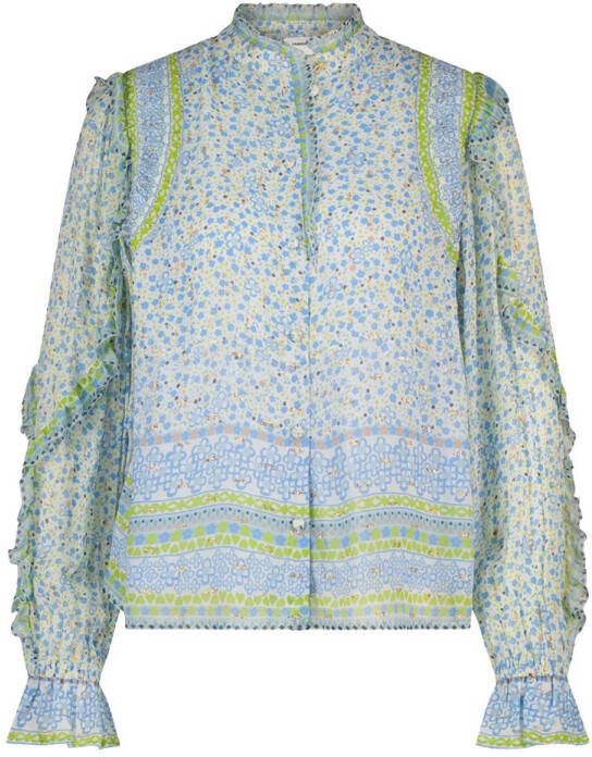 Fabienne Chapot blouse Etje met all over print en 3D applicatie lichtblauw groen