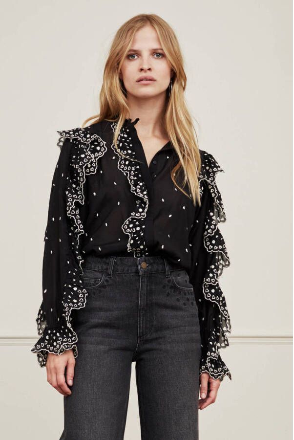 Fabienne Chapot blouse Josie met all over print en borduursels zwart wit