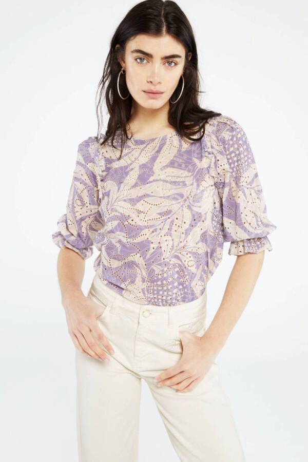Fabienne Chapot top met bladprint met broderie lila - Foto 2