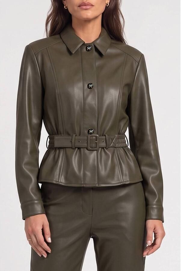 Fifth House imitatieleren blouse met ceintuur groen