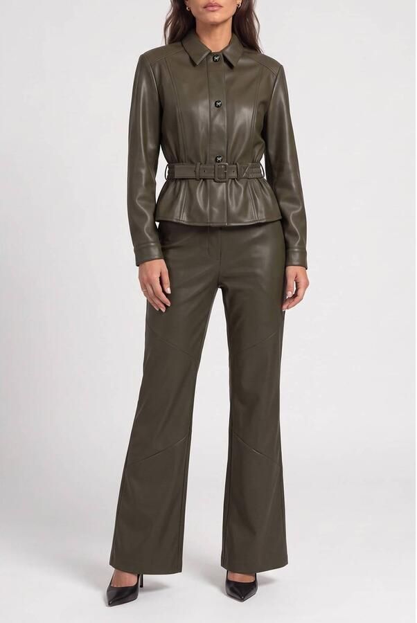 Fifth House imitatieleren wide leg broek groen
