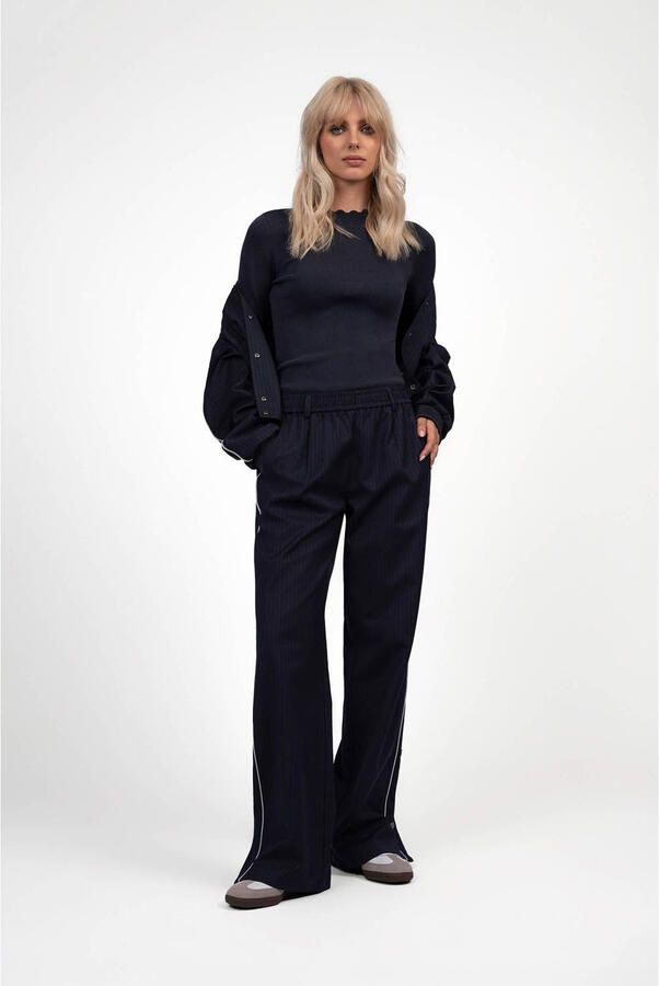 Fifth House straight regular waist casual broek met krijtstreep donkerblauw