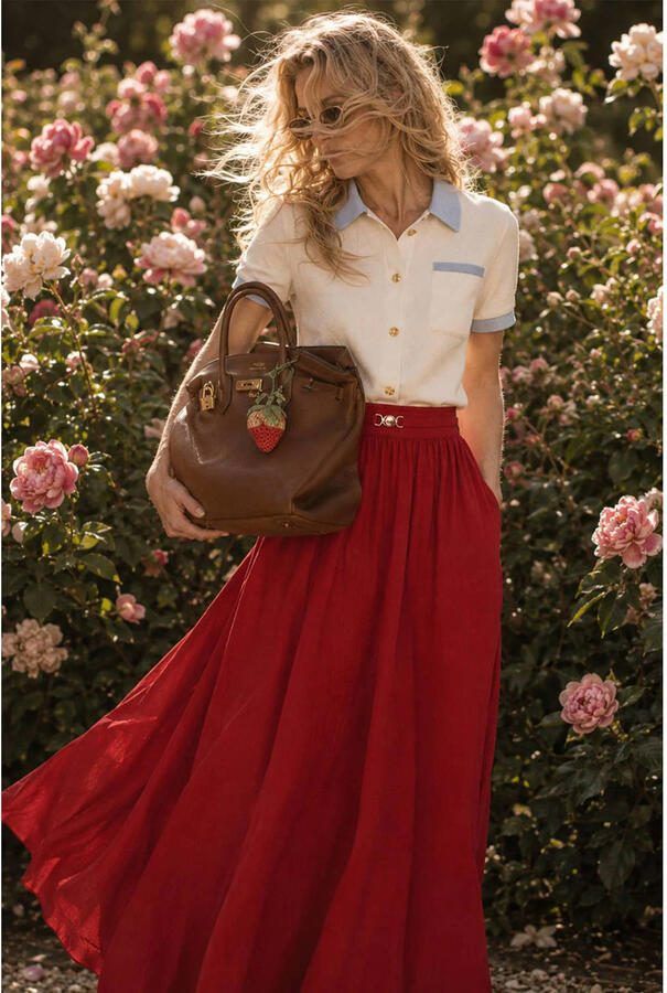 Fifth House viscose a-lijn maxi rok met plooien rood - Foto 2