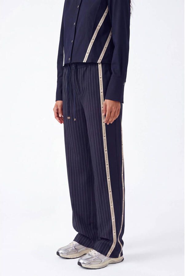 Florez wide leg casual broek met krijtstreep donkerblauw - Foto 2