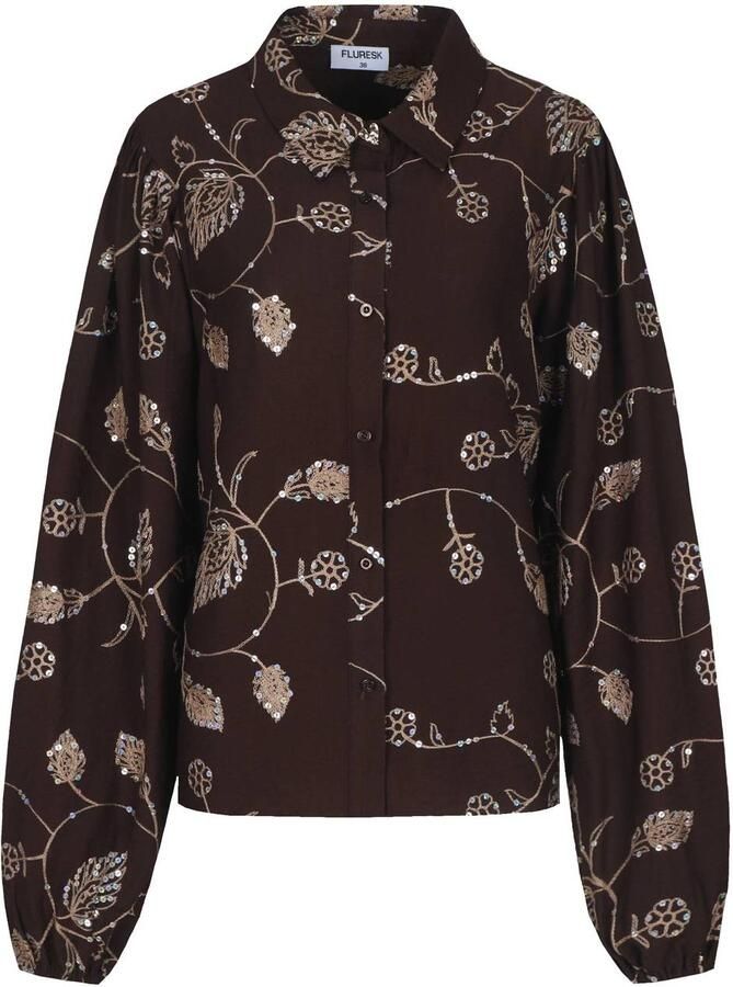FLURESK gebloemde blouse met pailletten donkerbruin