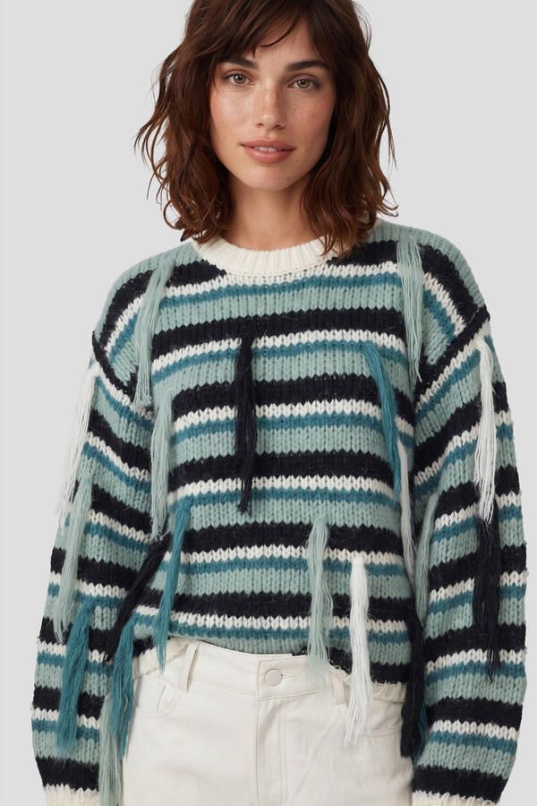 FLURESK gestreepte gebreide trui met franjes en wol blauw multi