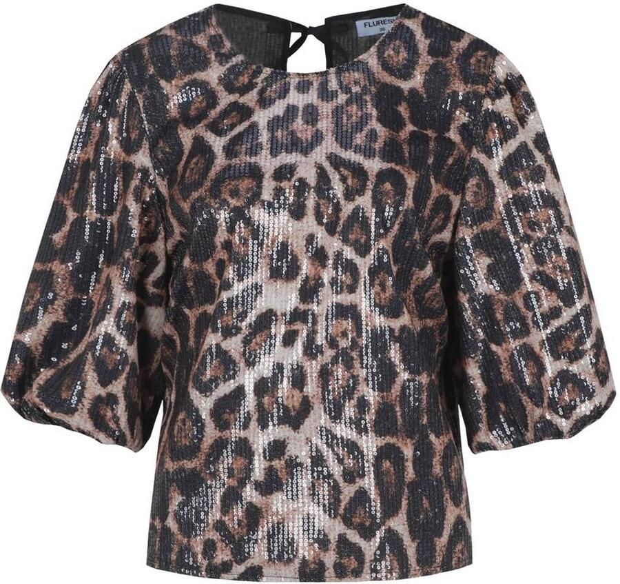 FLURESK top met pailletten en panterprint bruin