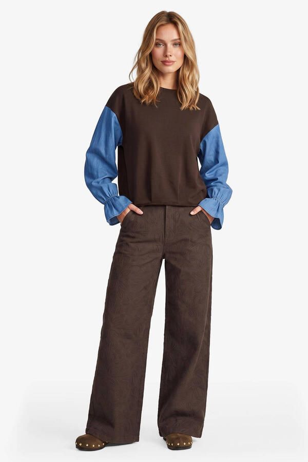 FLURESK wide leg broek met borduursels bruin - Foto 2