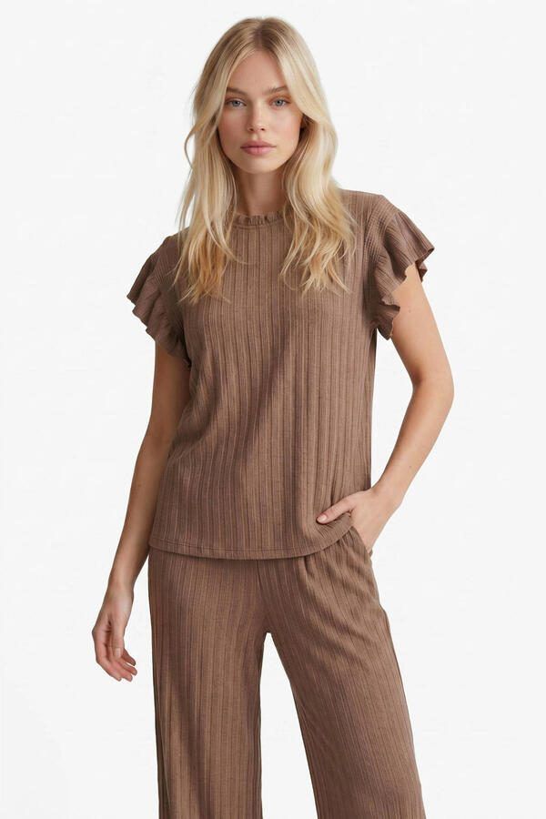 FLURESK wide leg regular waist broek met textuur bruin