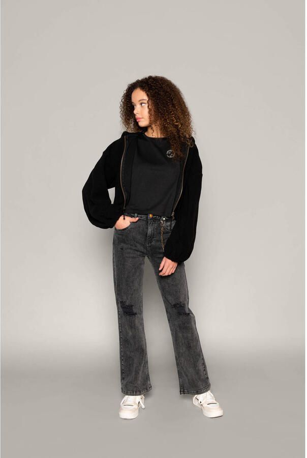 Frankie&Liberty high waist straight fit jeans Frankie met slijtage off black Zwart Meisjes Denim 164 - Foto 2