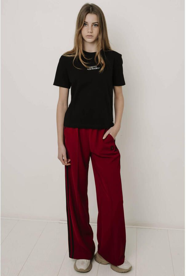Frankie&Liberty regular fit gestreepte joggingbroek met borduursels rood Meisjes Polyester