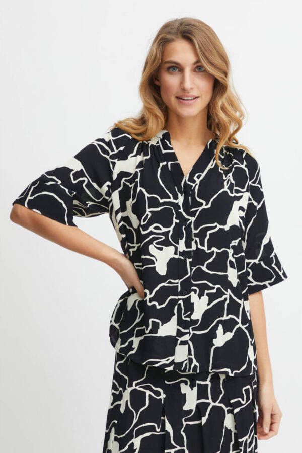 Fransa blouse FRKAY met all over print en plooien zwart wit