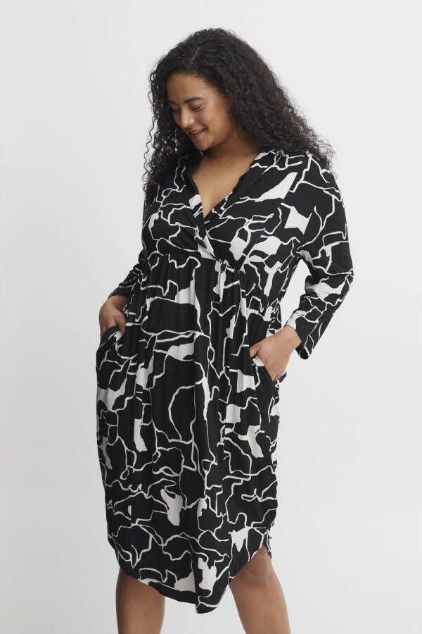 Fransa Plus Size Selection jurk FPDOT met all over print zwart wit