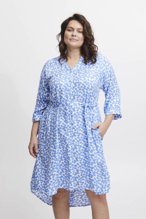Fransa Plus Size Selection jurk FPNEMMA met all over print en ceintuur blauw wit