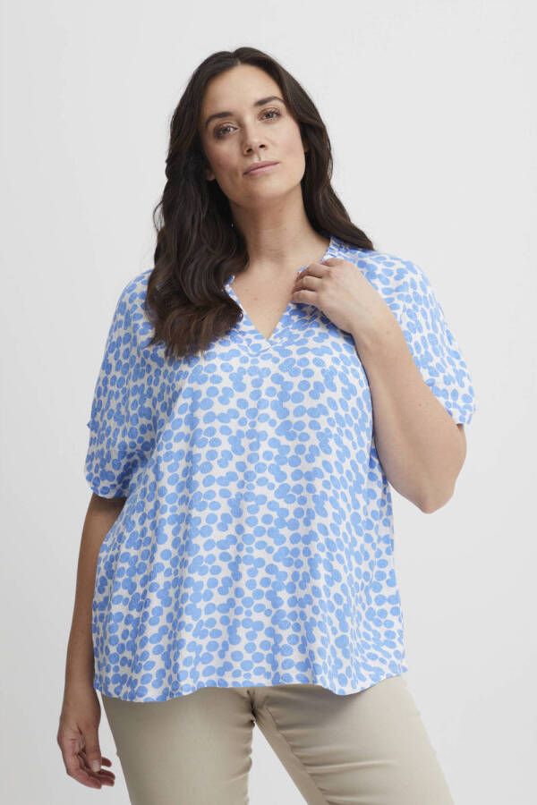 Fransa Plus Size Selection top FPNEMMA met all over print blauw wit