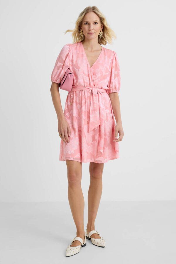 Freebird gebloemde korte zomerwikkeljurk roze
