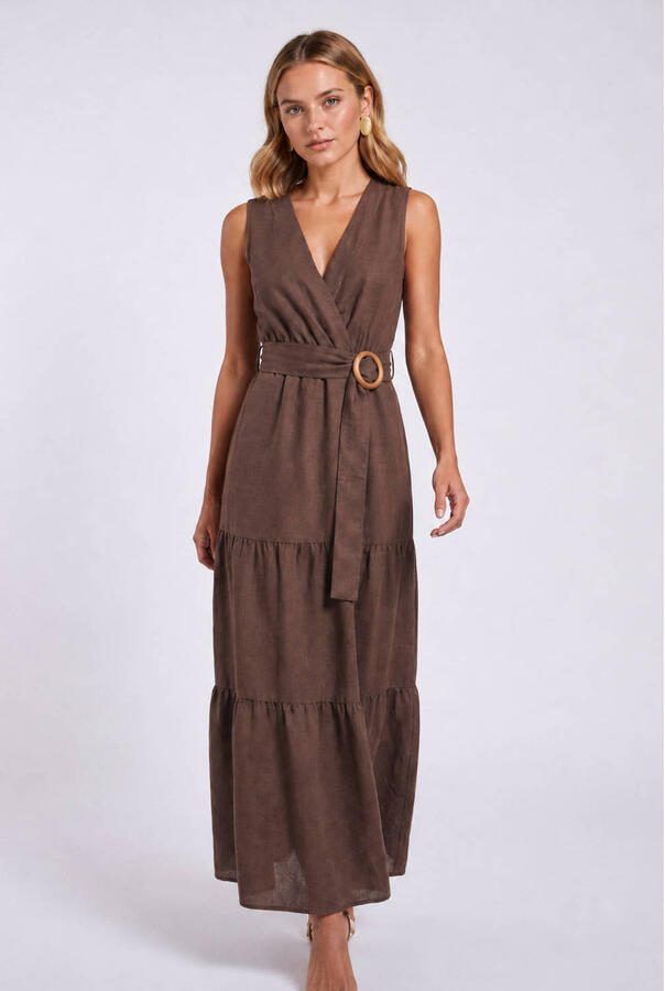 Freebird midi jurk met ceintuur bruin