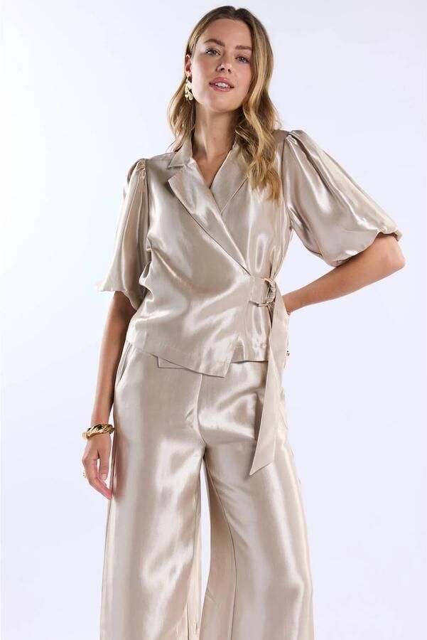 Freebird satijnen wide leg high waist broek champagne