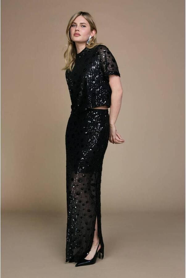 Freebird semi-transparante maxi rok met pailletten zwart