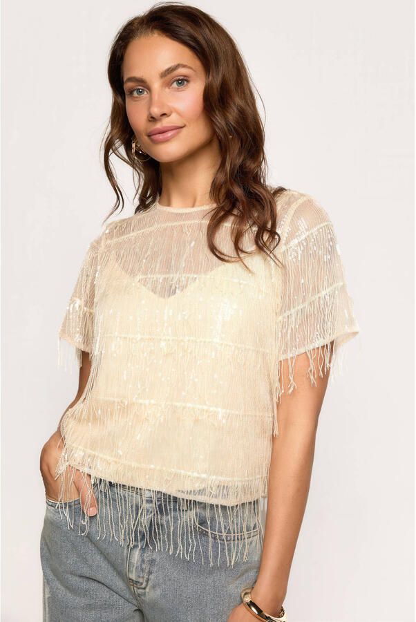 Freebird top met franjes beige