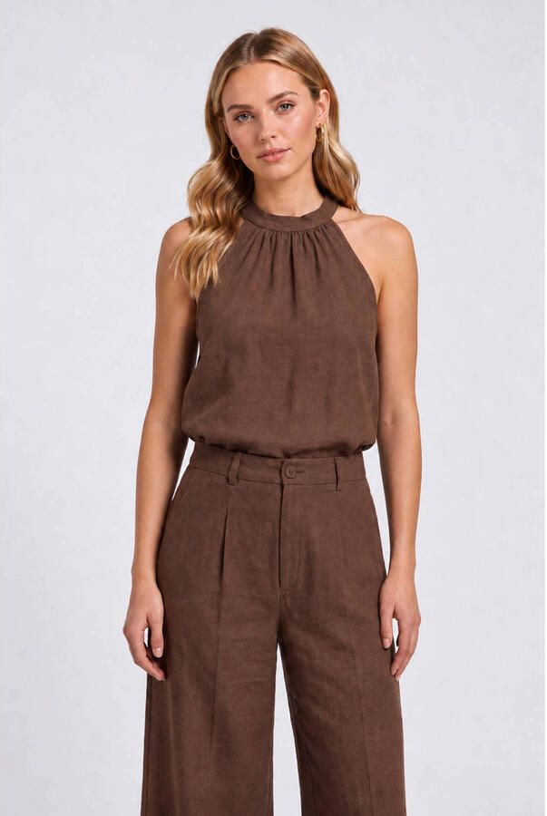 Freebird viscose wide leg broek bruin