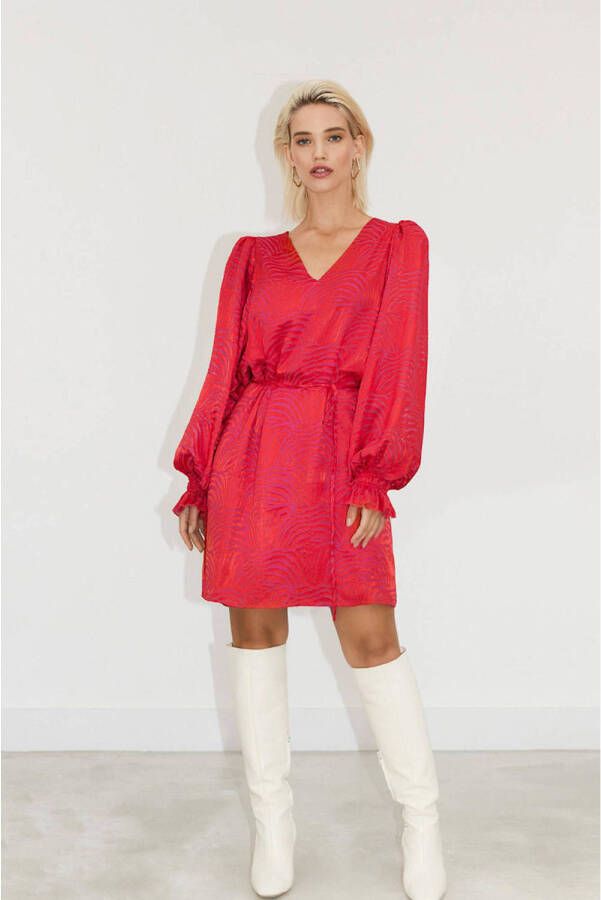 Freebird jurk Xeni met all over print en ceintuur rood roze