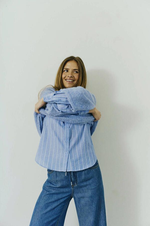 FREEQUENT blouse met krijtstreep blauw