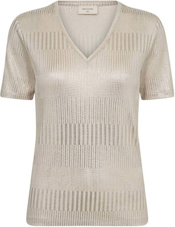 Freequent Sprankelende V-hals Ribshirt Beige Dames