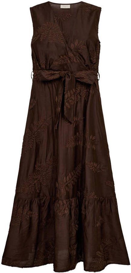FREEQUENT viscose gebloemde midi jurk met borduursels bruin
