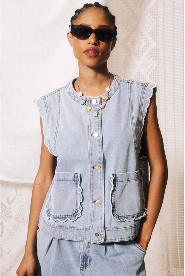 FRNCH denim gilet met ruches lichtblauw - Foto 3