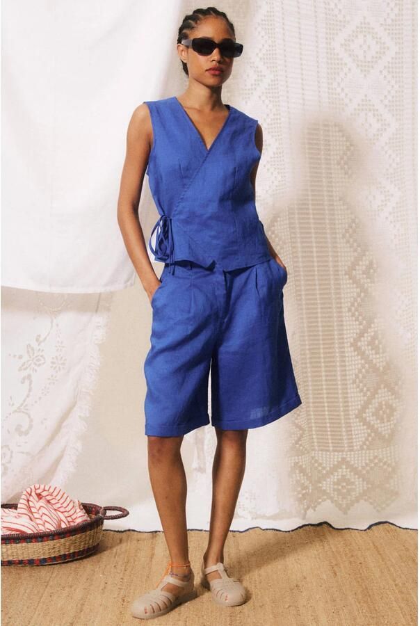 FRNCH ramie loose fit bermuda short blauw