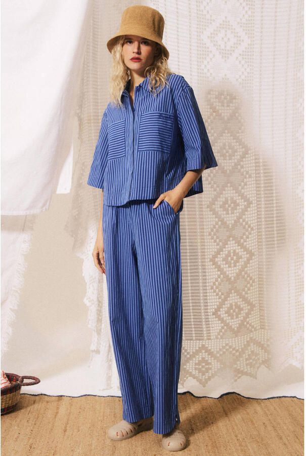 FRNCH wide leg gestreepte broek blauw