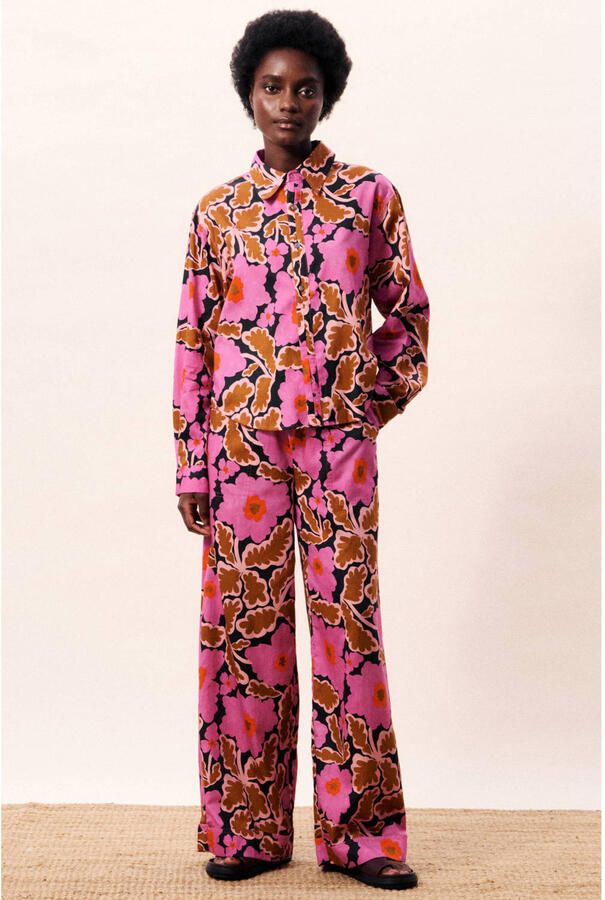 FRNCH wide leg high waist gebloemde broek roze