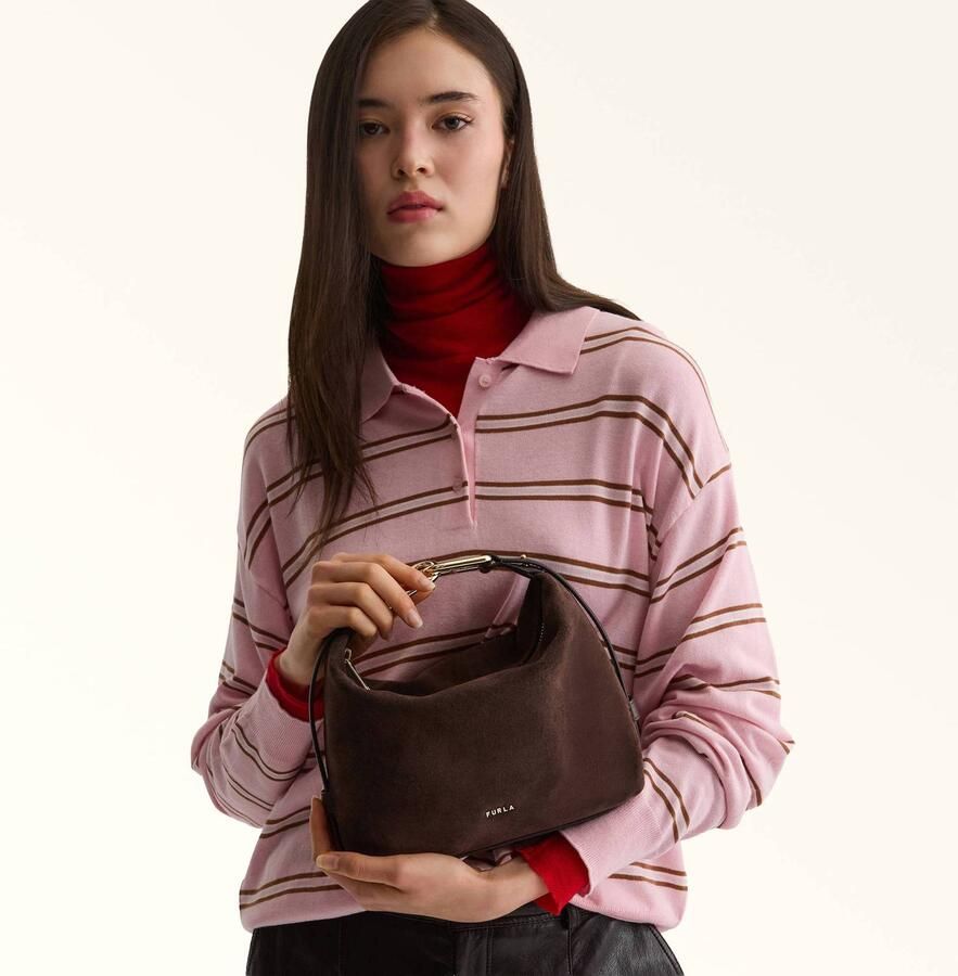 Furla suède schoudertas Tonie Mini donkerbruin