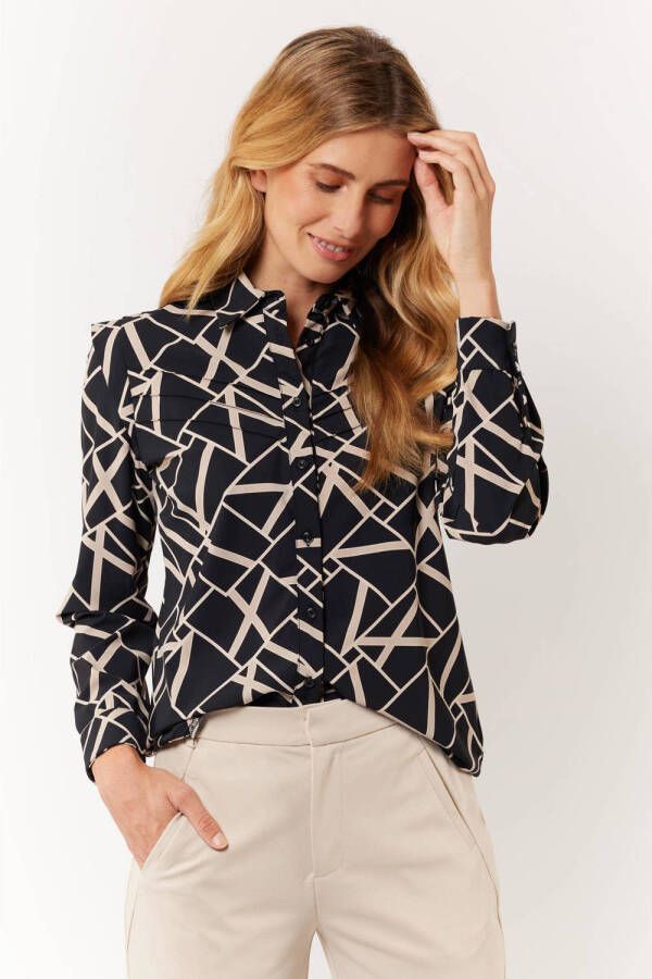 G-maxx blouse Bibi van travelstof met grafische print zwart wit