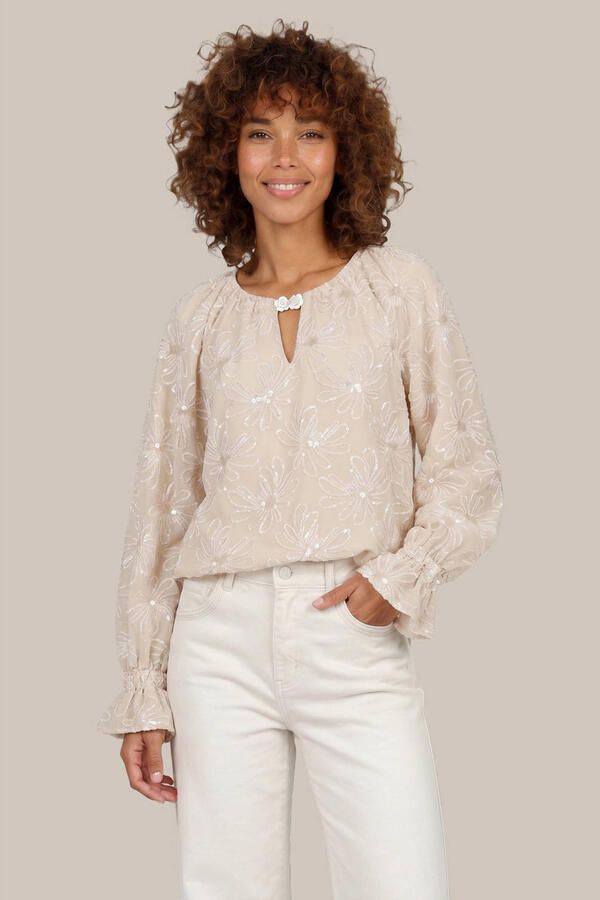 G-maxx gebloemde blouse met pailletten beige