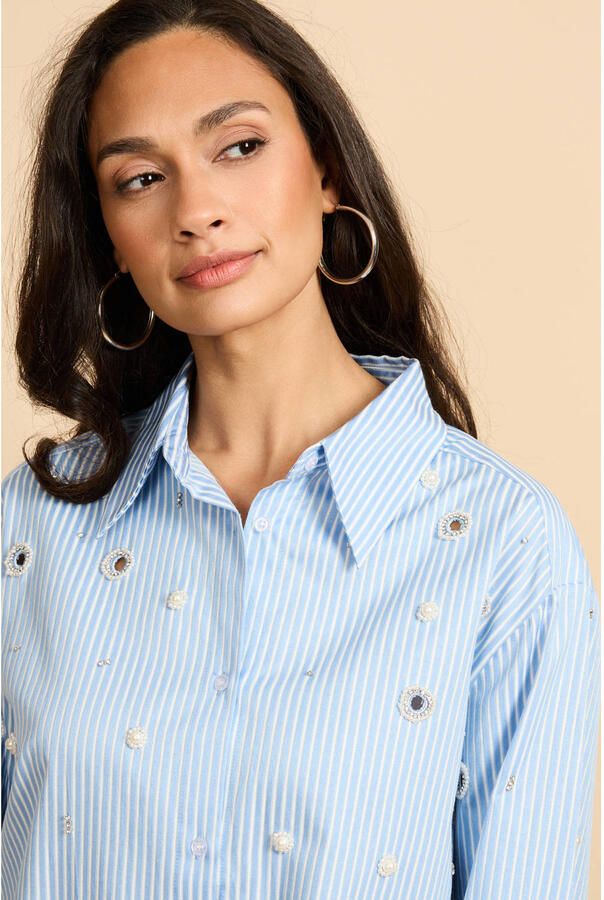 G-maxx gestreepte blouse blauw met parels - Foto 2