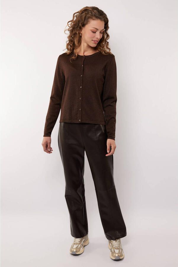 G-maxx X Froukje imitatieleren straight regular waist coated broek donkerbruin