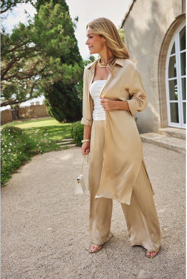 G-maxx X Froukje satijnen wide leg high waist broek zand - Foto 1